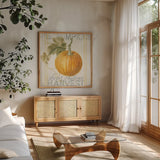 Floursack Autumn VI by Danhui Nai. Shown in a natural wood frame in a cozy modern living room. Available as an archival giclee rolled canvas, fine art paper, or poster print. SKU 48770a.
