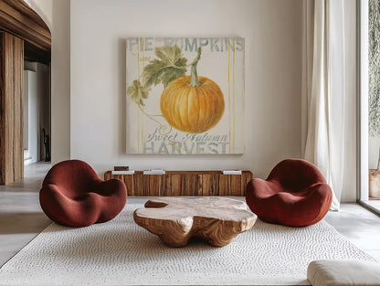 Floursack Autumn VI by Danhui Nai. Shown as extra-large giant wall art in a modern living room. Available as an archival giclee rolled canvas, fine art paper, or poster print. SKU 48770a.