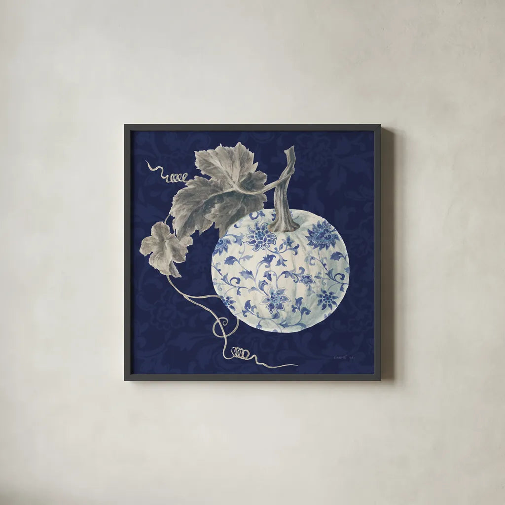 Floursack Autumn VI Chinoiserie by Danhui Nai. Shown in a sleek black glass frame for a contemporary gallery look. Available as an archival giclee rolled canvas, fine art paper, or poster print. SKU 82802a.