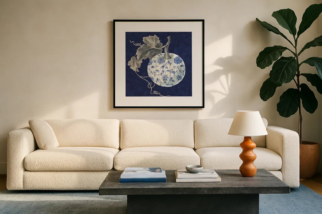 Floursack Autumn VI Chinoiserie by Danhui Nai. Displayed in a glass frame with matte in a clean modern living room. Available as an archival giclee rolled canvas, fine art paper, or poster print. SKU 82802a.