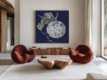 Floursack Autumn VI Chinoiserie by Danhui Nai. Shown as extra-large giant wall art in a modern living room. Available as an archival giclee rolled canvas, fine art paper, or poster print. SKU 82802a.