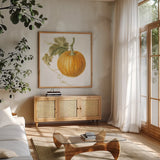 Floursack Autumn VI on White by Danhui Nai. Shown in a natural wood frame in a cozy modern living room. Available as an archival giclee rolled canvas, fine art paper, or poster print. SKU 48781a.