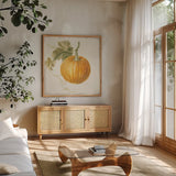 Floursack Autumn VI v2 by Danhui Nai. Shown in a natural wood frame in a cozy modern living room. Available as an archival giclee rolled canvas, fine art paper, or poster print. SKU 56291a.