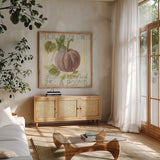 Floursack Autumn VII by Danhui Nai. Shown in a natural wood frame in a cozy modern living room. Available as an archival giclee rolled canvas, fine art paper, or poster print. SKU 48771a.