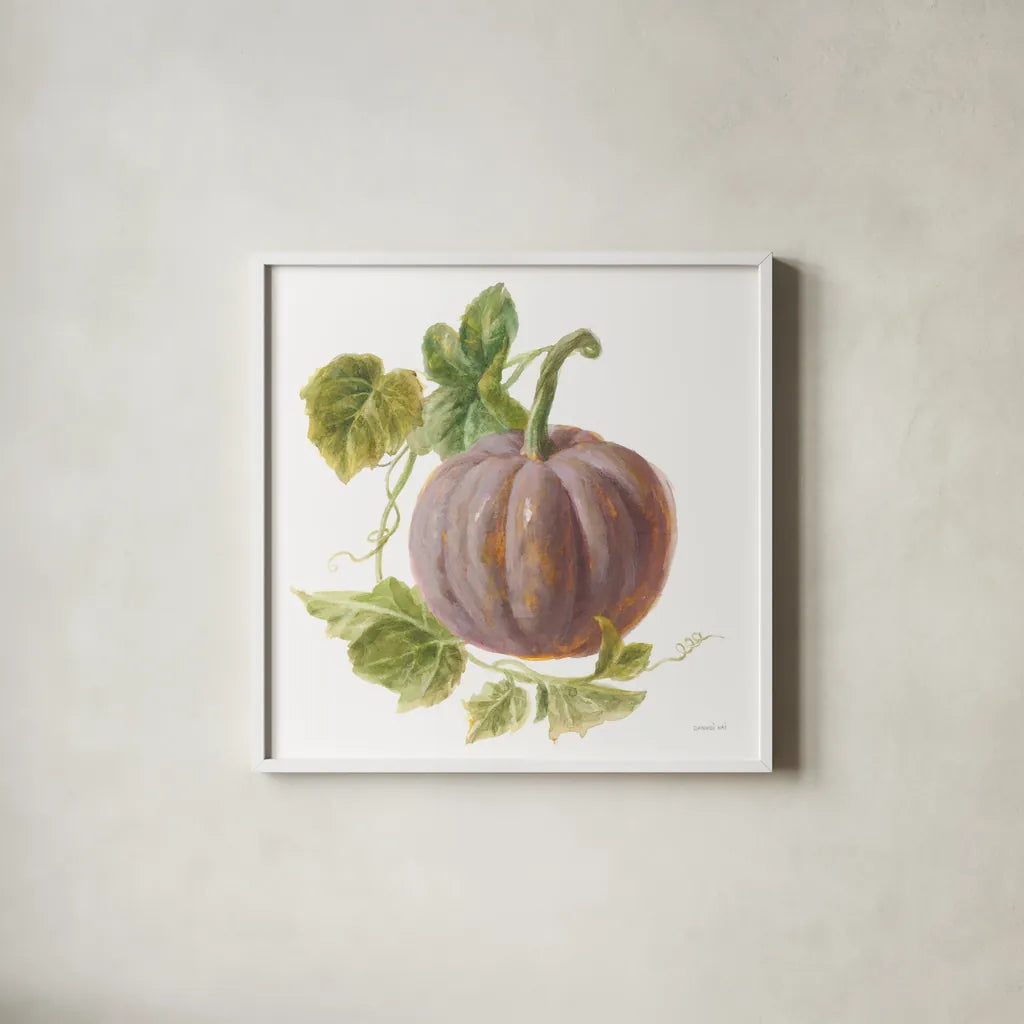 Floursack Autumn VII on White by Danhui Nai. Shown in a crisp white glass frame for a clean and minimalist style. Available as an archival giclee rolled canvas, fine art paper, or poster print. SKU 48782a.