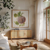 Floursack Autumn VII on White by Danhui Nai. Shown in a natural wood frame in a cozy modern living room. Available as an archival giclee rolled canvas, fine art paper, or poster print. SKU 48782a.