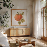Floursack Autumn VIII on White by Danhui Nai. Shown in a natural wood frame in a cozy modern living room. Available as an archival giclee rolled canvas, fine art paper, or poster print. SKU 48783a.