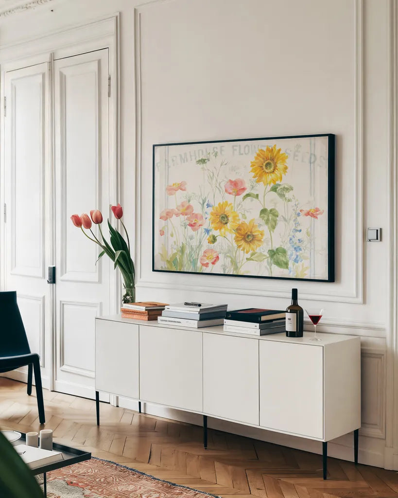 Floursack Florals I by Danhui Nai. shown as a framed stretched canvas in a living room above a console. Available as a archival giclee rolled canvas, fine art paper, or poster print. SKU 38753i.
