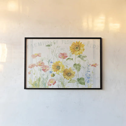 Floursack Florals I by Danhui Nai. shown as a paper print in a black flame. Available as a archival giclee rolled canvas, fine art paper, or poster print. SKU 38753i.