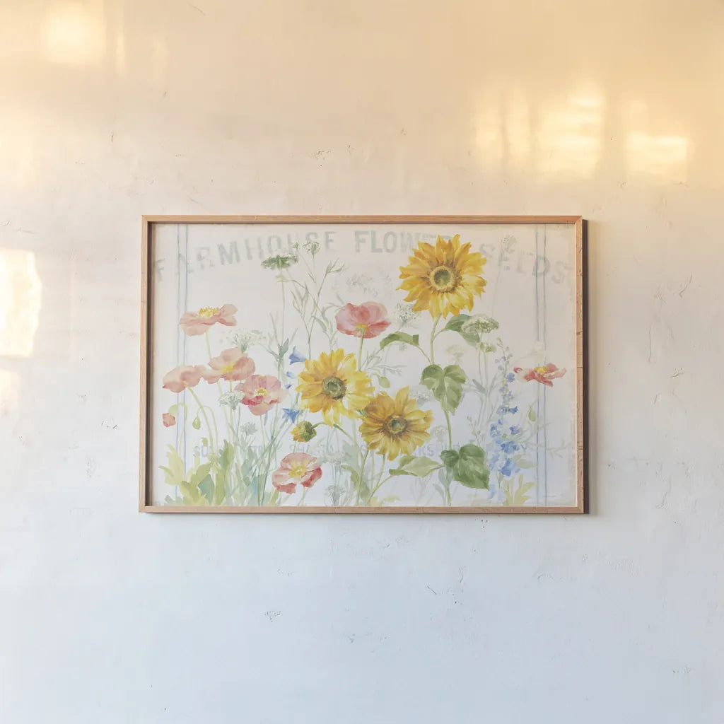 Floursack Florals I by Danhui Nai. shown as a paper print in a natural frame. Available as a archival giclee rolled canvas, fine art paper, or poster print. SKU 38753i.