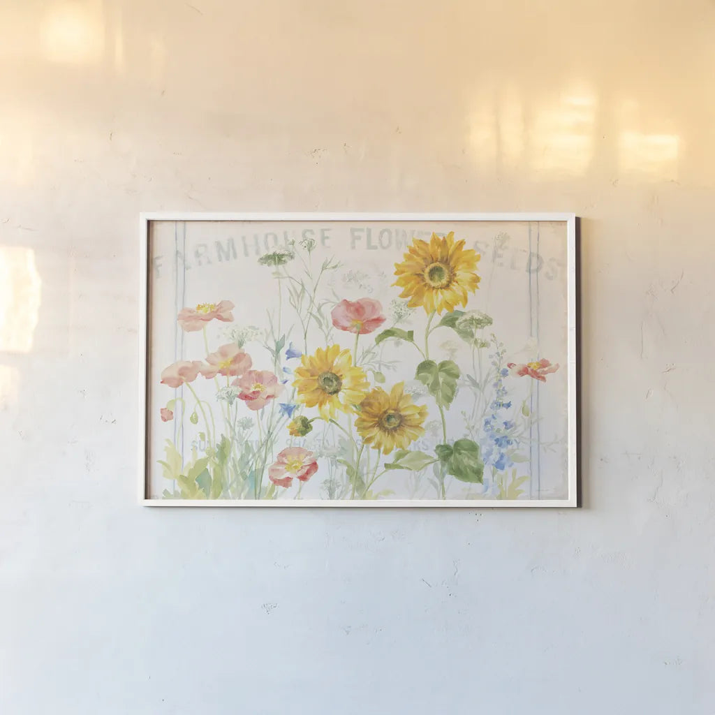 Floursack Florals I by Danhui Nai. shown as a paper print in a white frame. Available as a archival giclee rolled canvas, fine art paper, or poster print. SKU 38753i.