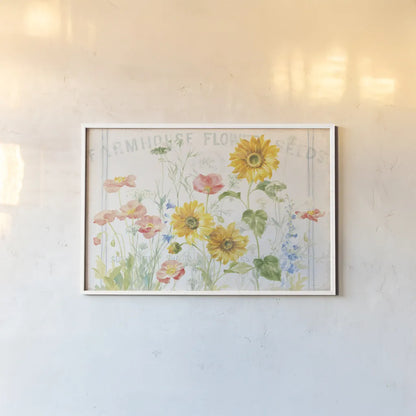 Floursack Florals I by Danhui Nai. shown as a paper print in a white frame. Available as a archival giclee rolled canvas, fine art paper, or poster print. SKU 38753i.