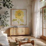 Floursack Florals II Crop by Danhui Nai. Shown in a natural wood frame in a cozy modern living room. Available as an archival giclee rolled canvas, fine art paper, or poster print. SKU 38755a.