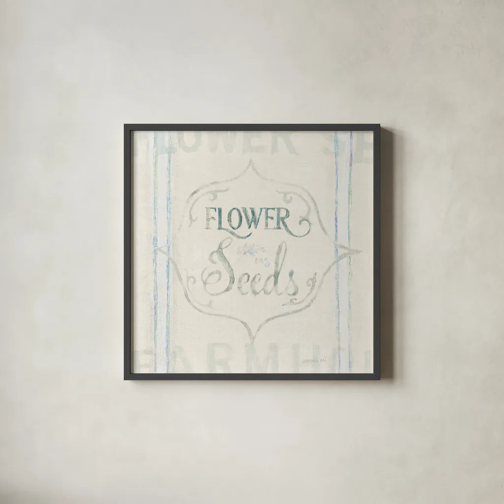 Floursack Florals IX by Danhui Nai. Shown in a sleek black glass frame for a contemporary gallery look. Available as an archival giclee rolled canvas, fine art paper, or poster print. SKU 38762a.