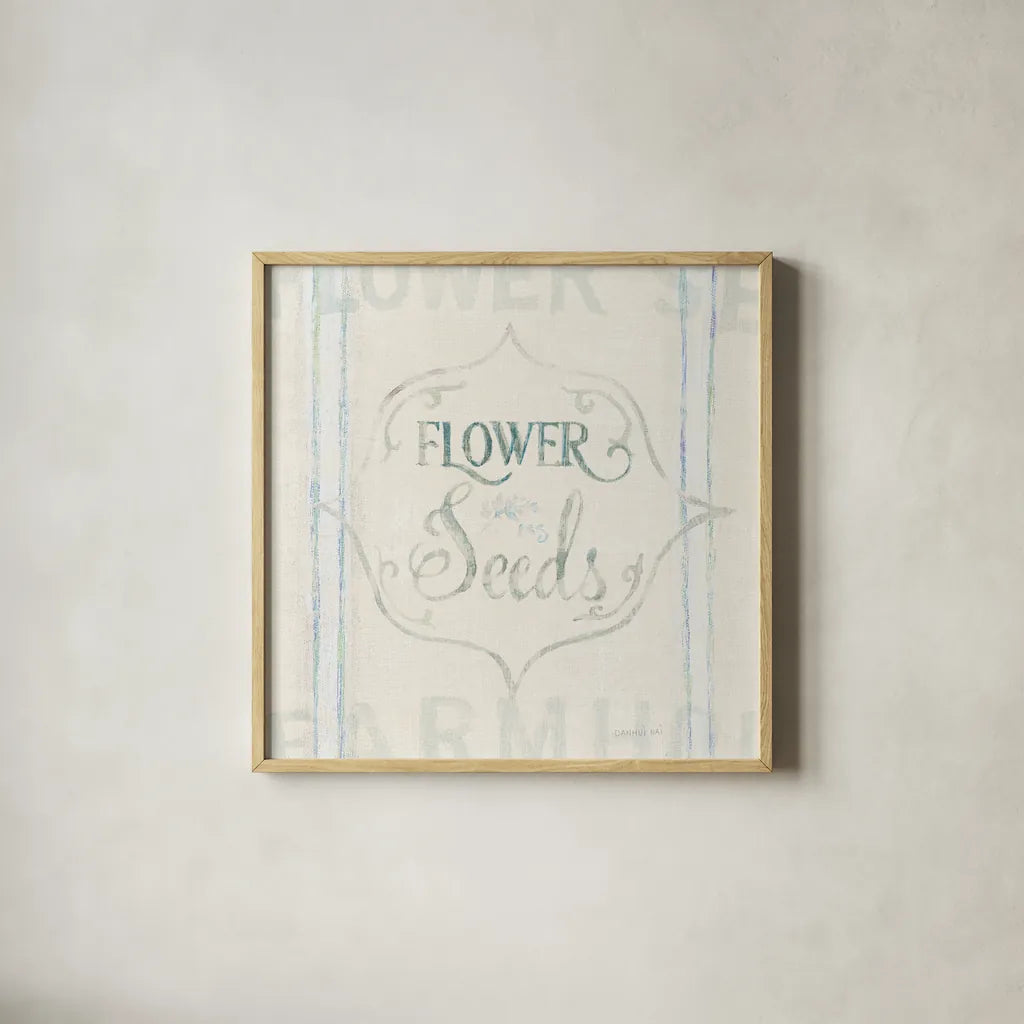 Floursack Florals IX by Danhui Nai. Shown in a natural wood glass frame for a timeless modern aesthetic. Available as an archival giclee rolled canvas, fine art paper, or poster print. SKU 38762a.