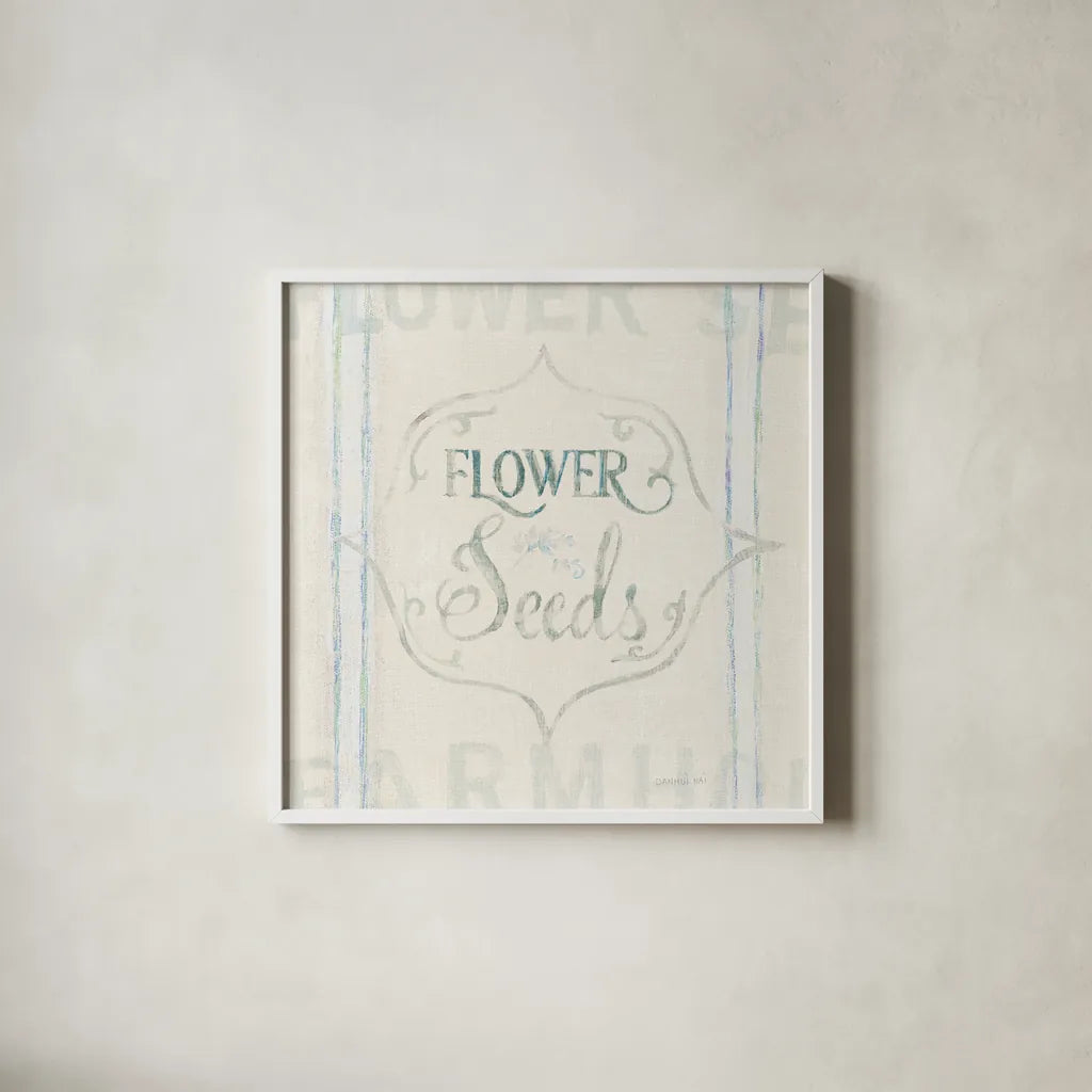 Floursack Florals IX by Danhui Nai. Shown in a crisp white glass frame for a clean and minimalist style. Available as an archival giclee rolled canvas, fine art paper, or poster print. SKU 38762a.