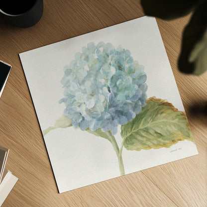 Floursack Florals V - Blue Hydrangea Crop by Danhui Nai. Shown as a detailed flat fine art print, highlighting archival giclee quality. Available as an archival giclee rolled canvas, fine art paper, or poster print. SKU 46926a.