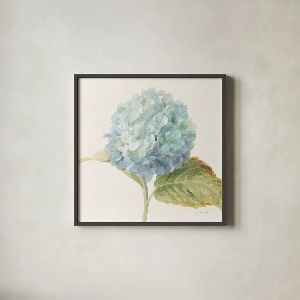 Floursack Florals V - Blue Hydrangea Crop by Danhui Nai. Shown in a sleek black glass frame for a contemporary gallery look. Available as an archival giclee rolled canvas, fine art paper, or poster print. SKU 46926a.