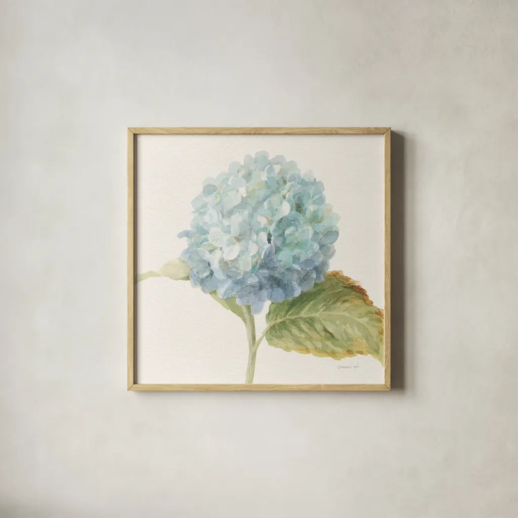 Floursack Florals V - Blue Hydrangea Crop by Danhui Nai. Shown in a natural wood glass frame for a timeless modern aesthetic. Available as an archival giclee rolled canvas, fine art paper, or poster print. SKU 46926a.