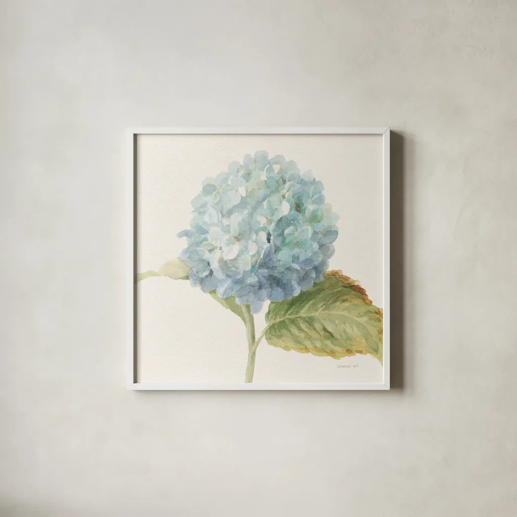 Floursack Florals V - Blue Hydrangea Crop by Danhui Nai. Shown in a crisp white glass frame for a clean and minimalist style. Available as an archival giclee rolled canvas, fine art paper, or poster print. SKU 46926a.