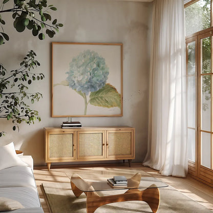 Floursack Florals V - Blue Hydrangea Crop by Danhui Nai. Shown in a natural wood frame in a cozy modern living room. Available as an archival giclee rolled canvas, fine art paper, or poster print. SKU 46926a.