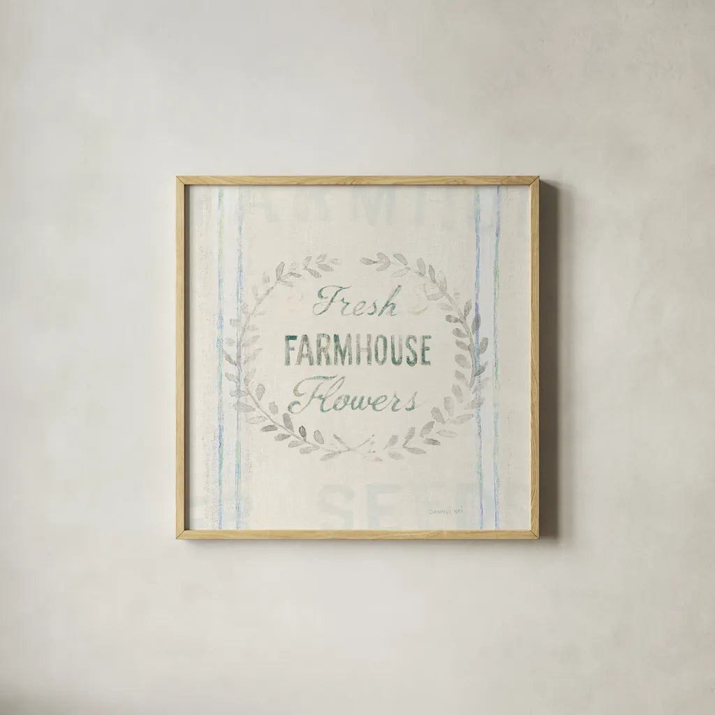 Floursack Florals VIII by Danhui Nai. Shown in a natural wood glass frame for a timeless modern aesthetic. Available as an archival giclee rolled canvas, fine art paper, or poster print. SKU 38761a.