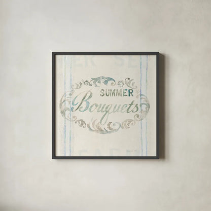 Floursack Florals X by Danhui Nai. Shown in a sleek black glass frame for a contemporary gallery look. Available as an archival giclee rolled canvas, fine art paper, or poster print. SKU 38989a.