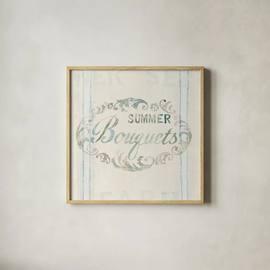 Floursack Florals X by Danhui Nai. Shown in a natural wood glass frame for a timeless modern aesthetic. Available as an archival giclee rolled canvas, fine art paper, or poster print. SKU 38989a.