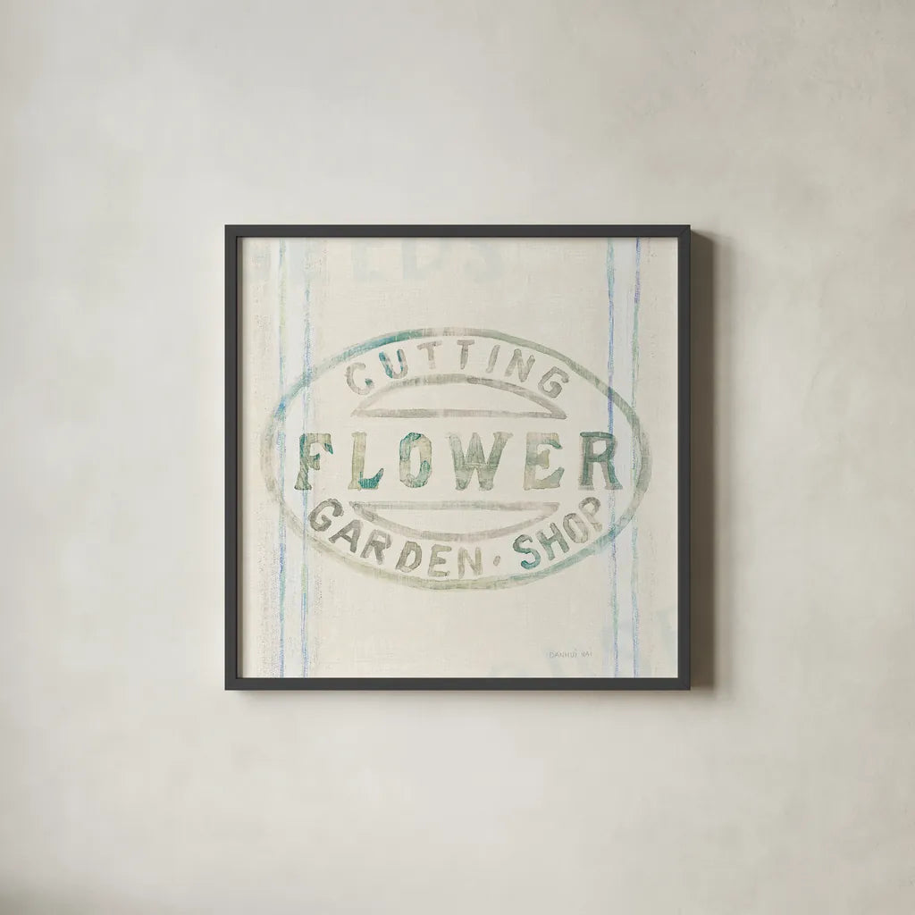 Floursack Florals XI by Danhui Nai. Shown in a sleek black glass frame for a contemporary gallery look. Available as an archival giclee rolled canvas, fine art paper, or poster print. SKU 38990a.