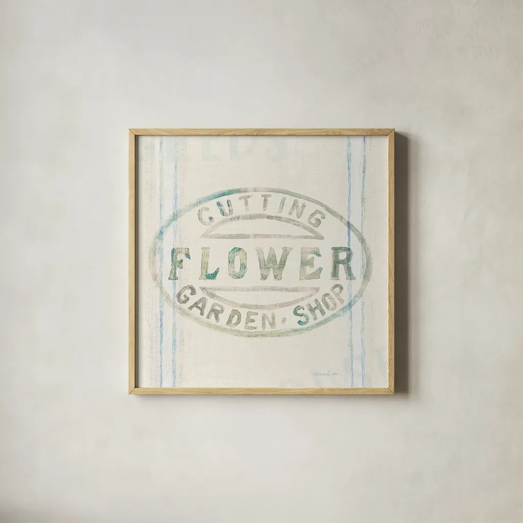 Floursack Florals XI by Danhui Nai. Shown in a natural wood glass frame for a timeless modern aesthetic. Available as an archival giclee rolled canvas, fine art paper, or poster print. SKU 38990a.