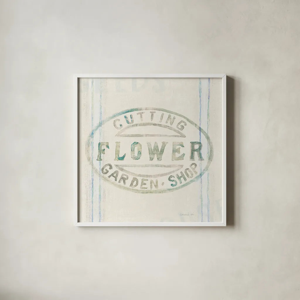 Floursack Florals XI by Danhui Nai. Shown in a crisp white glass frame for a clean and minimalist style. Available as an archival giclee rolled canvas, fine art paper, or poster print. SKU 38990a.