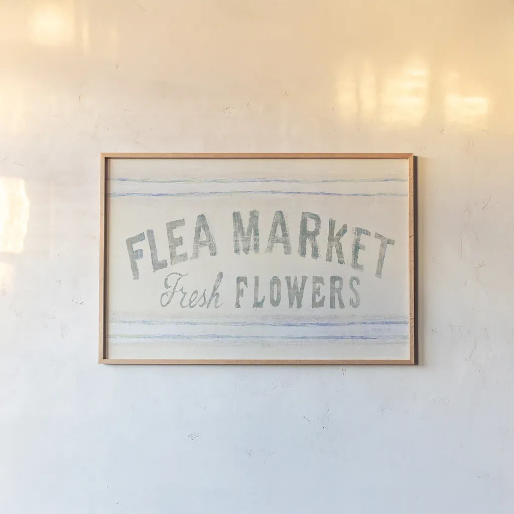 Floursack Florals XII by Danhui Nai. shown as a paper print in a natural frame. Available as a archival giclee rolled canvas, fine art paper, or poster print. SKU 38991i.