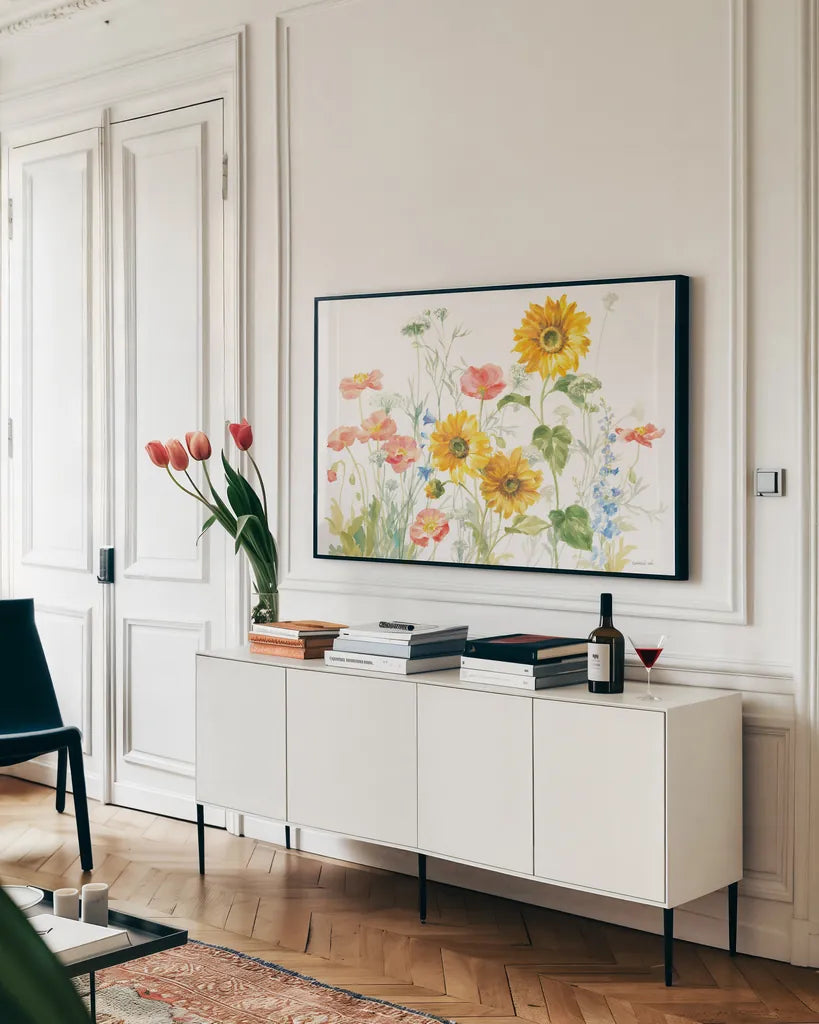 Floursack Florals on White I by Danhui Nai. shown as a framed stretched canvas in a living room above a console. Available as a archival giclee rolled canvas, fine art paper, or poster print. SKU 41479i.
