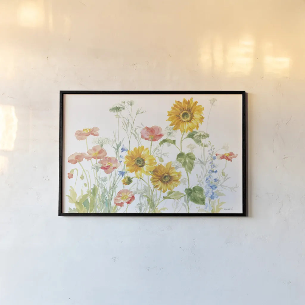 Floursack Florals on White I by Danhui Nai. shown as a paper print in a black flame. Available as a archival giclee rolled canvas, fine art paper, or poster print. SKU 41479i.
