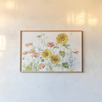 Floursack Florals on White I by Danhui Nai. shown as a paper print in a natural frame. Available as a archival giclee rolled canvas, fine art paper, or poster print. SKU 41479i.