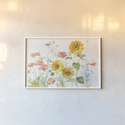 Floursack Florals on White I by Danhui Nai. shown as a paper print in a white frame. Available as a archival giclee rolled canvas, fine art paper, or poster print. SKU 41479i.