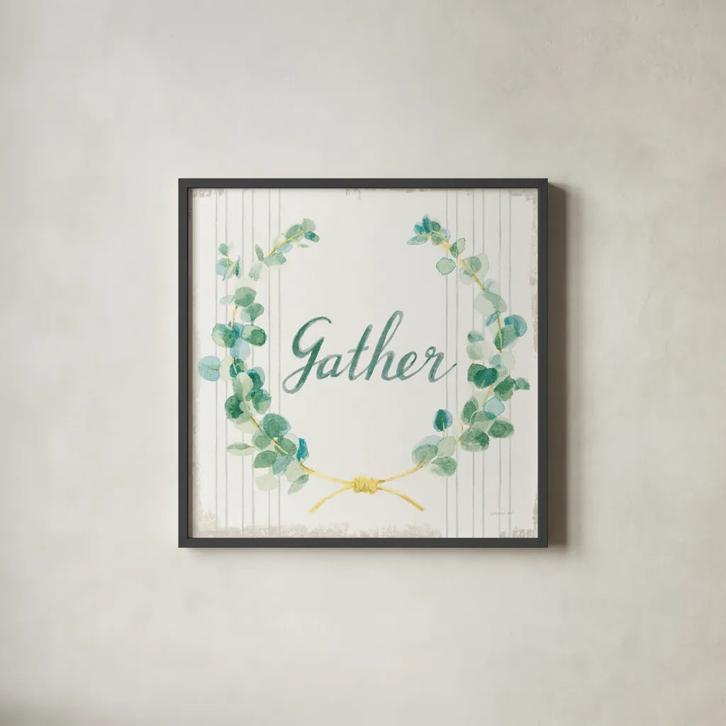 Floursack Holiday IX Gather Dark Green by Danhui Nai. Shown in a sleek black glass frame for a contemporary gallery look. Available as an archival giclee rolled canvas, fine art paper, or poster print. SKU 64584a.