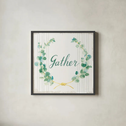 Floursack Holiday IX Gather Dark Green by Danhui Nai. Shown in a sleek black glass frame for a contemporary gallery look. Available as an archival giclee rolled canvas, fine art paper, or poster print. SKU 64584a.