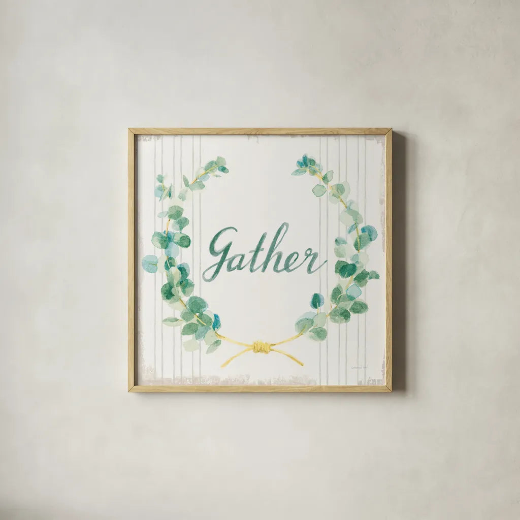 Floursack Holiday IX Gather Dark Green by Danhui Nai. Shown in a natural wood glass frame for a timeless modern aesthetic. Available as an archival giclee rolled canvas, fine art paper, or poster print. SKU 64584a.