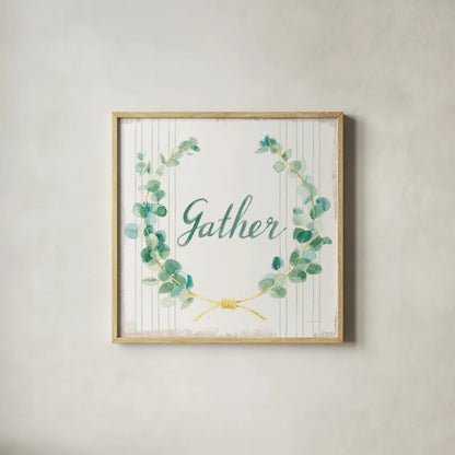 Floursack Holiday IX Gather Dark Green by Danhui Nai. Shown in a natural wood glass frame for a timeless modern aesthetic. Available as an archival giclee rolled canvas, fine art paper, or poster print. SKU 64584a.