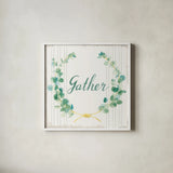 Floursack Holiday IX Gather Dark Green by Danhui Nai. Shown in a crisp white glass frame for a clean and minimalist style. Available as an archival giclee rolled canvas, fine art paper, or poster print. SKU 64584a.