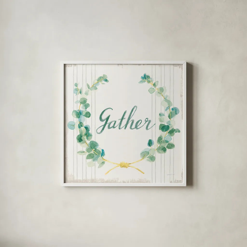 Floursack Holiday IX Gather Dark Green by Danhui Nai. Shown in a crisp white glass frame for a clean and minimalist style. Available as an archival giclee rolled canvas, fine art paper, or poster print. SKU 64584a.