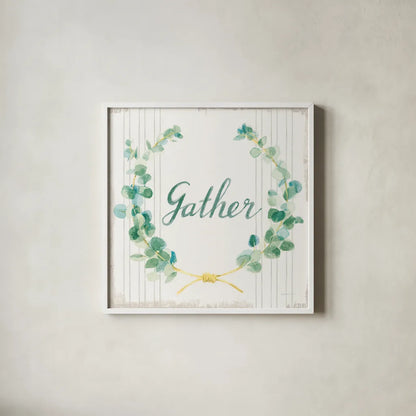 Floursack Holiday IX Gather Dark Green by Danhui Nai. Shown in a crisp white glass frame for a clean and minimalist style. Available as an archival giclee rolled canvas, fine art paper, or poster print. SKU 64584a.