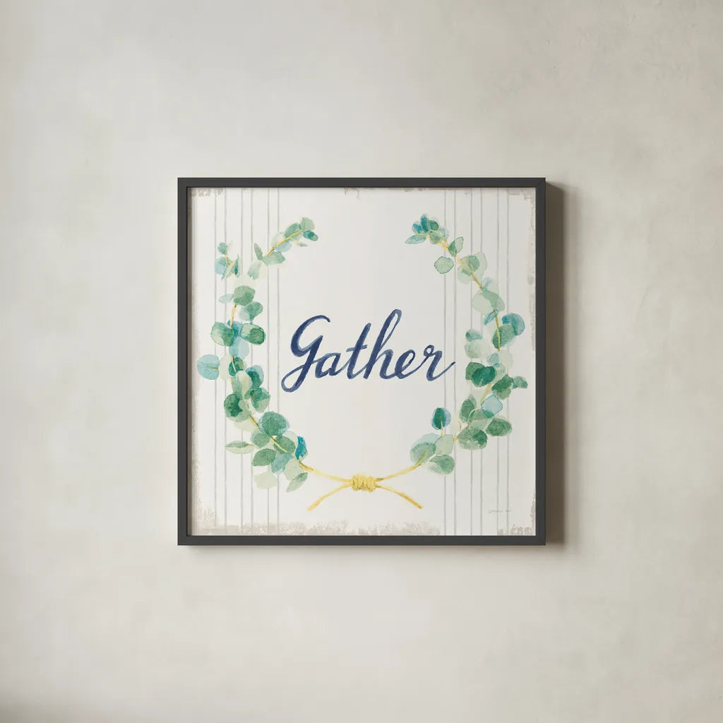 Floursack Holiday IX Gather Sage v2 by Danhui Nai. Shown in a sleek black glass frame for a contemporary gallery look. Available as an archival giclee rolled canvas, fine art paper, or poster print. SKU 64453a.