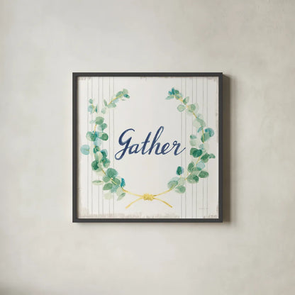 Floursack Holiday IX Gather Sage v2 by Danhui Nai. Shown in a sleek black glass frame for a contemporary gallery look. Available as an archival giclee rolled canvas, fine art paper, or poster print. SKU 64453a.