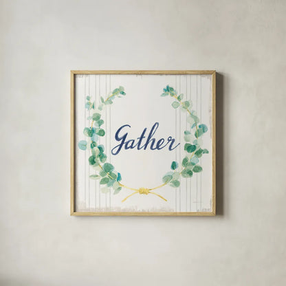 Floursack Holiday IX Gather Sage v2 by Danhui Nai. Shown in a natural wood glass frame for a timeless modern aesthetic. Available as an archival giclee rolled canvas, fine art paper, or poster print. SKU 64453a.