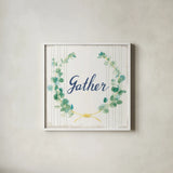Floursack Holiday IX Gather Sage v2 by Danhui Nai. Shown in a crisp white glass frame for a clean and minimalist style. Available as an archival giclee rolled canvas, fine art paper, or poster print. SKU 64453a.