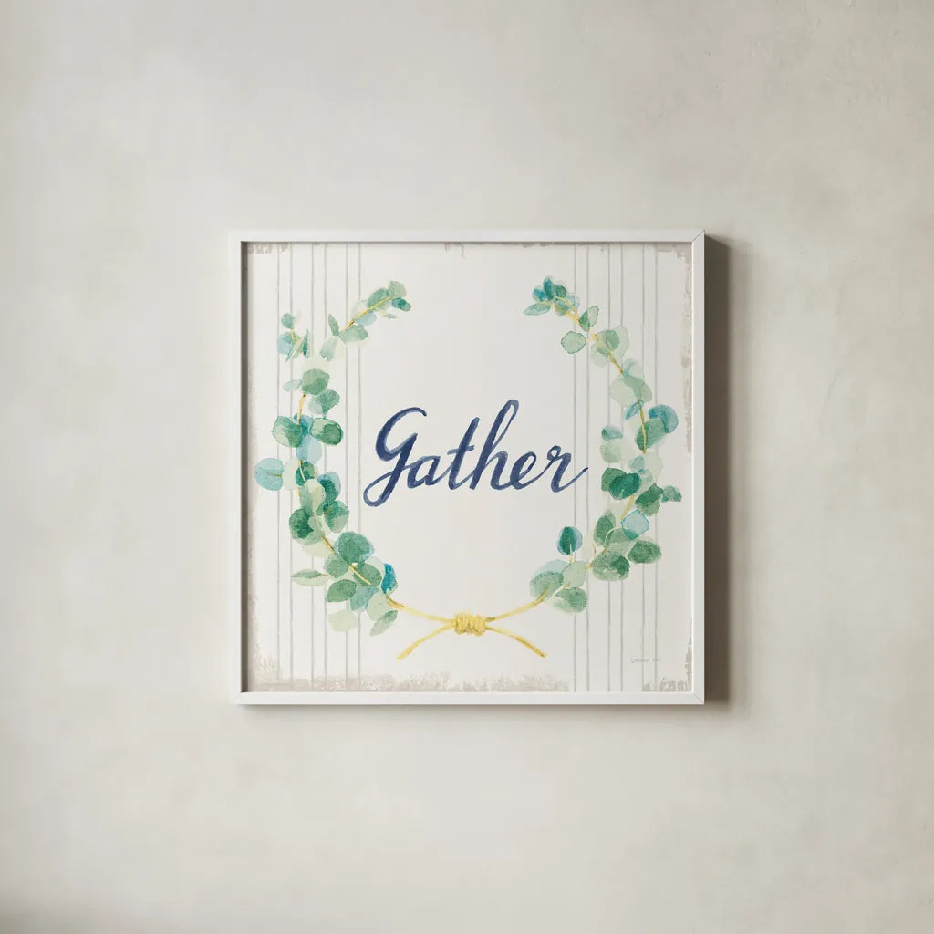 Floursack Holiday IX Gather Sage v2 by Danhui Nai. Shown in a crisp white glass frame for a clean and minimalist style. Available as an archival giclee rolled canvas, fine art paper, or poster print. SKU 64453a.