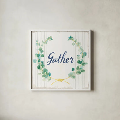 Floursack Holiday IX Gather Sage v2 by Danhui Nai. Shown in a crisp white glass frame for a clean and minimalist style. Available as an archival giclee rolled canvas, fine art paper, or poster print. SKU 64453a.