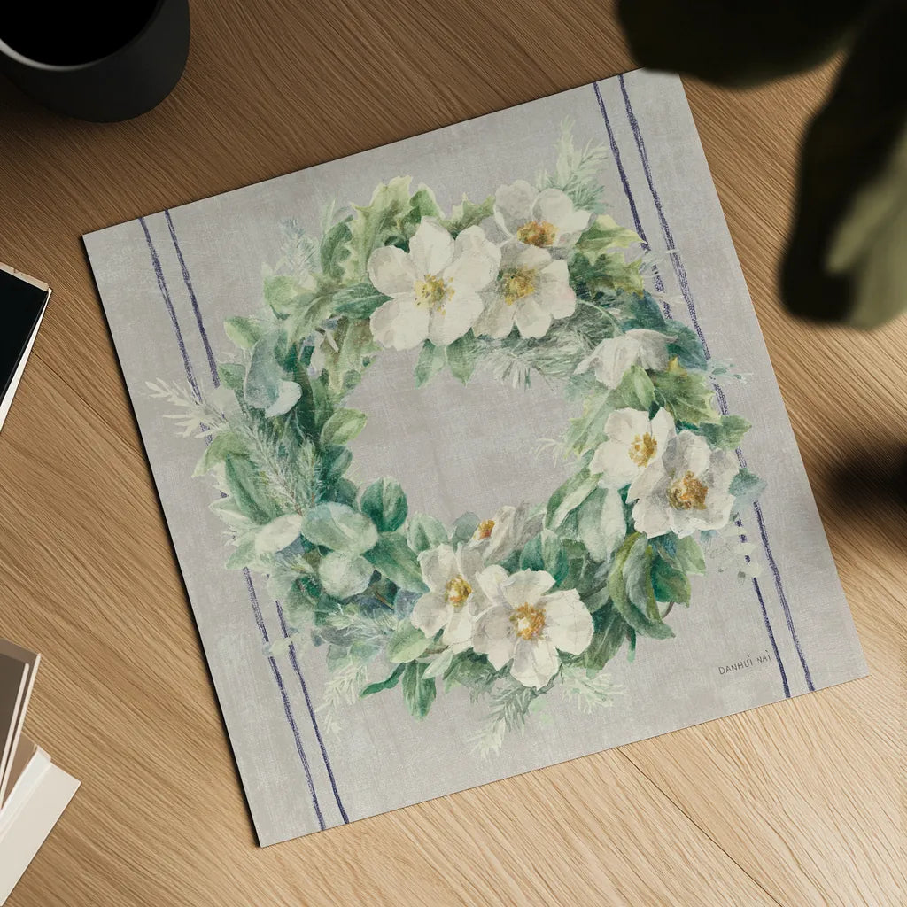 Floursack Holiday Wreath by Danhui Nai. Shown as a detailed flat fine art print, highlighting archival giclee quality. Available as an archival giclee rolled canvas, fine art paper, or poster print. SKU 59718a.